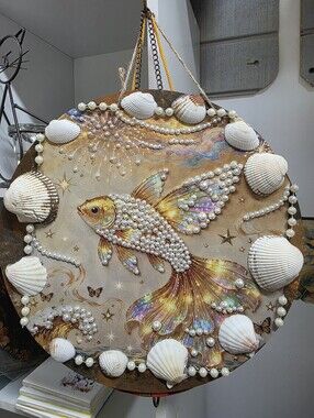Hand Crafted Gold and Pearl Embellished Fish Wall Art